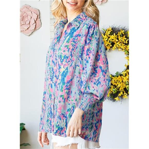 Loose V-Neck Paisley Print Lantern Sleeve Boho Blouse Top - Picture 4 of 5